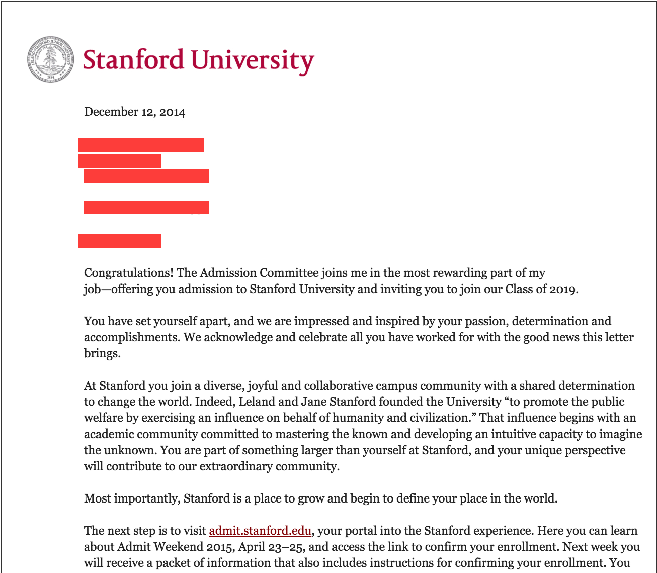 Image Result For Stanford Acceptance Letter Acceptance regarding sizing 1306 X 1138