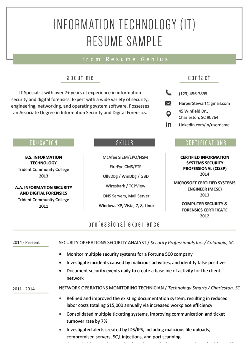 Information Technology It Resume Sample Resume Genius throughout dimensions 800 X 1132