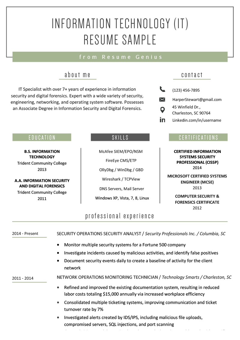 Information Technology It Resume Sample Resume Genius with size 800 X 1132