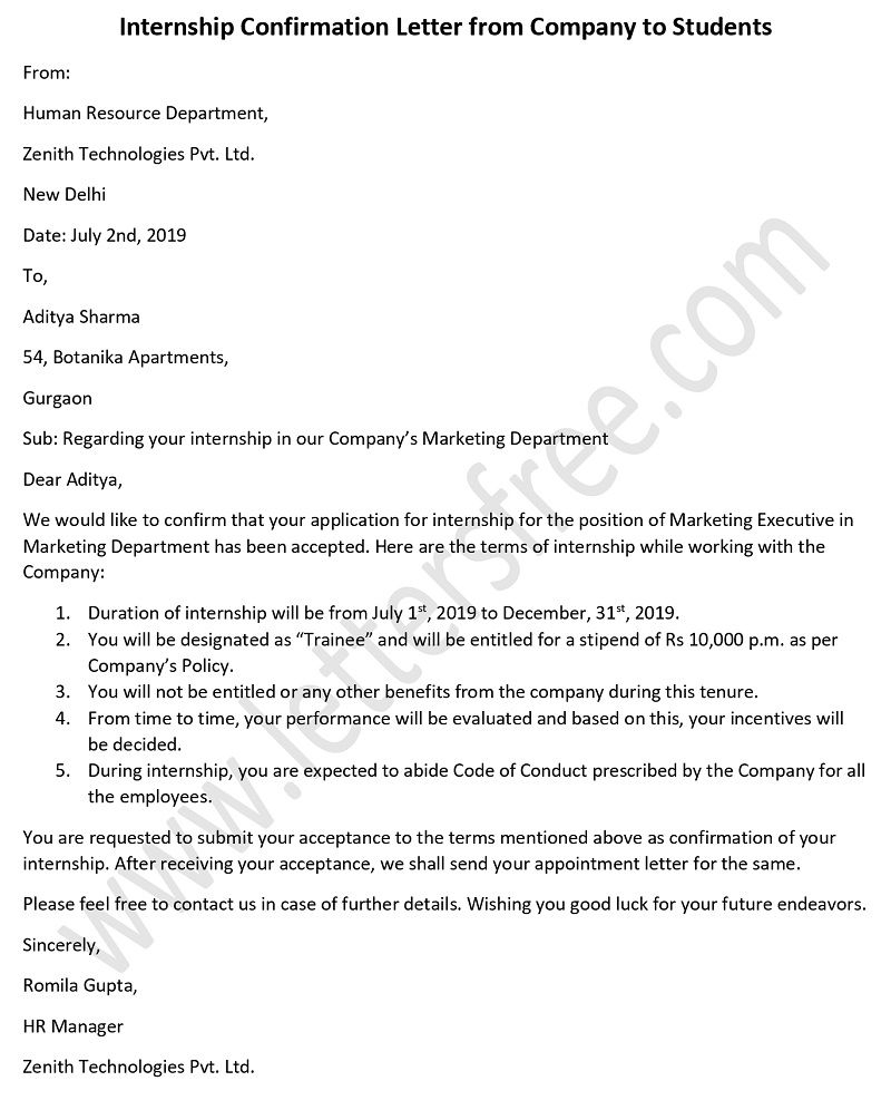 Internship Confirmation Letter From Company To Students with sizing 800 X 996