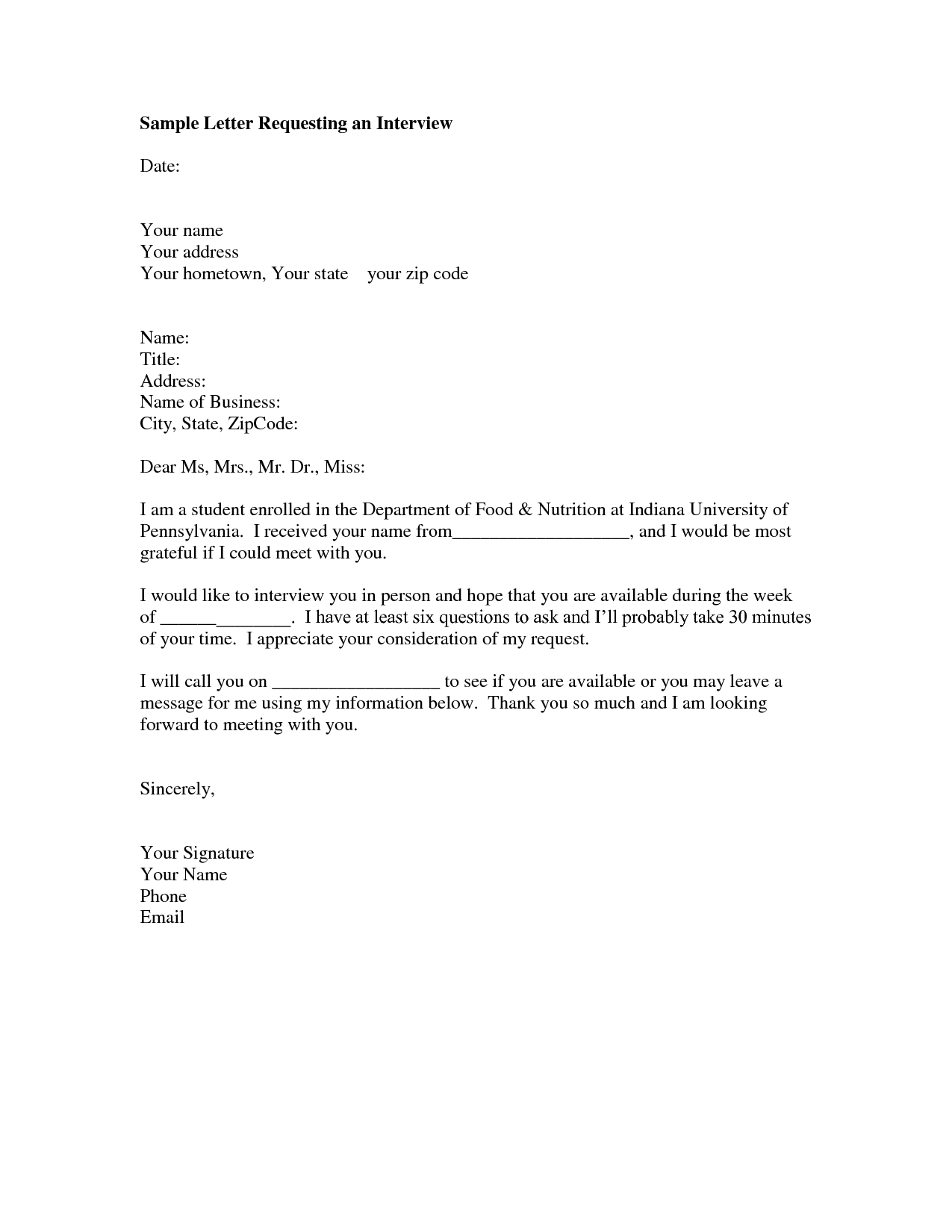 Interview Request Letter Sample Format Of A Letter You Can for sizing 1275 X 1650