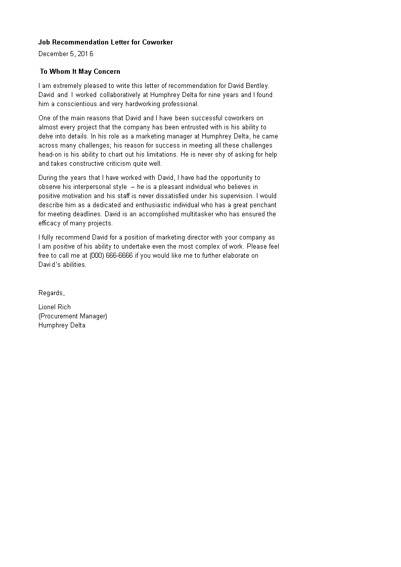 Job Recommendation Letter For Coworker Templates At within dimensions 793 X 1122