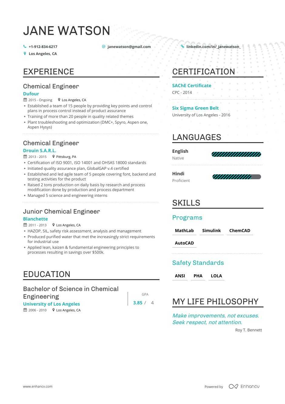 Job Winning Chemical Engineer Resume Examples Samples Tips Enhancv regarding dimensions 940 X 1330