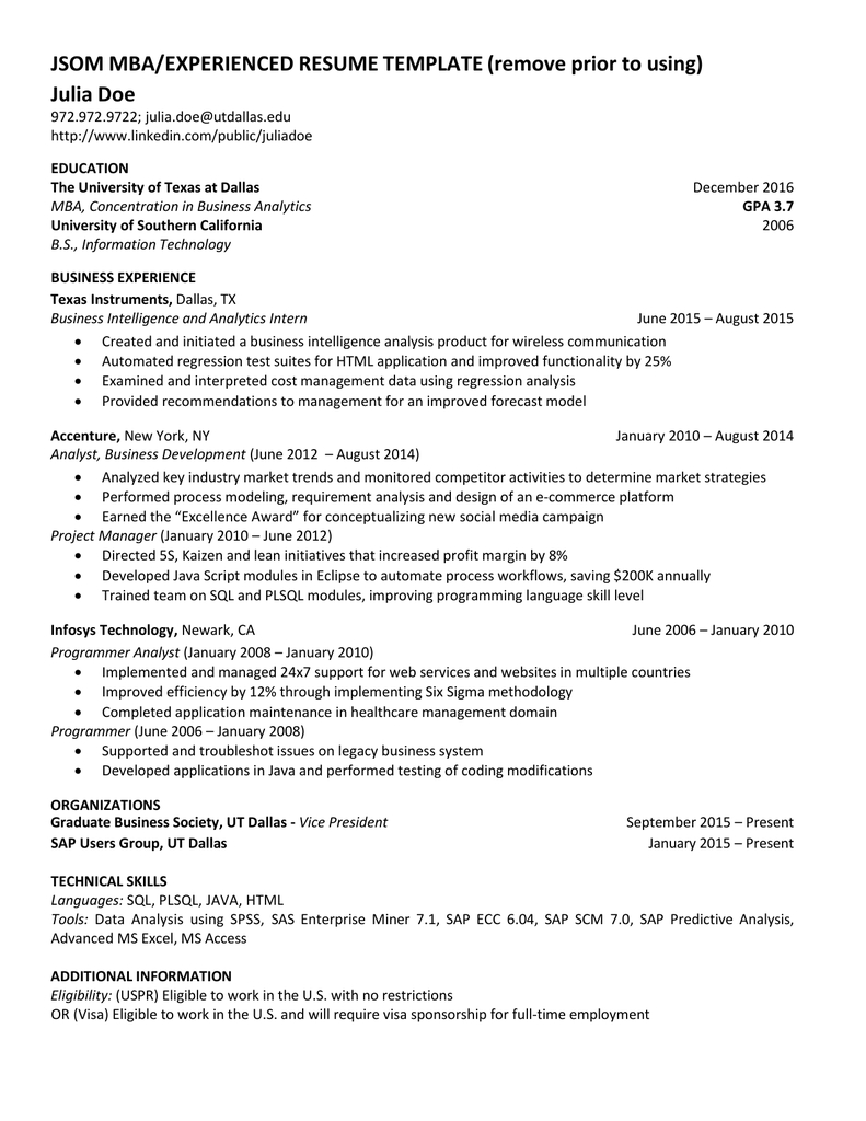 Jsom Mbaexperienced Resume Template Remove Prior To Using within proportions 791 X 1024
