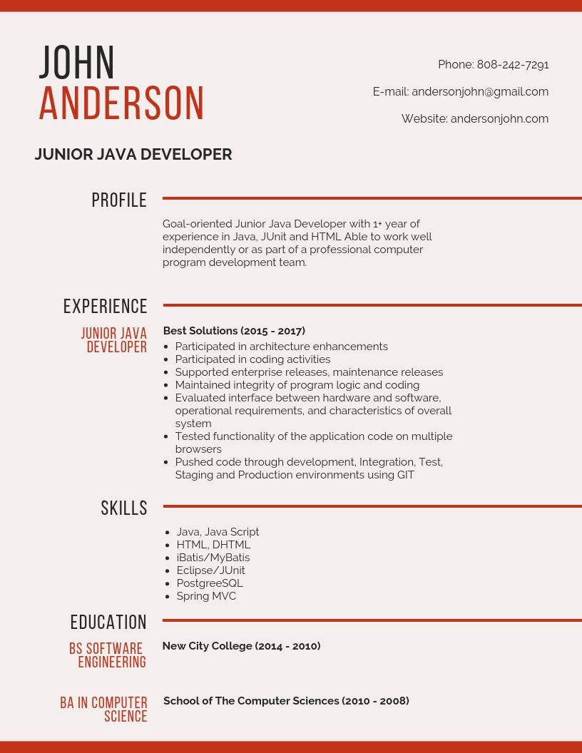 Junior Java Developer Resume Samples Templates Pdfword intended for dimensions 816 X 1056