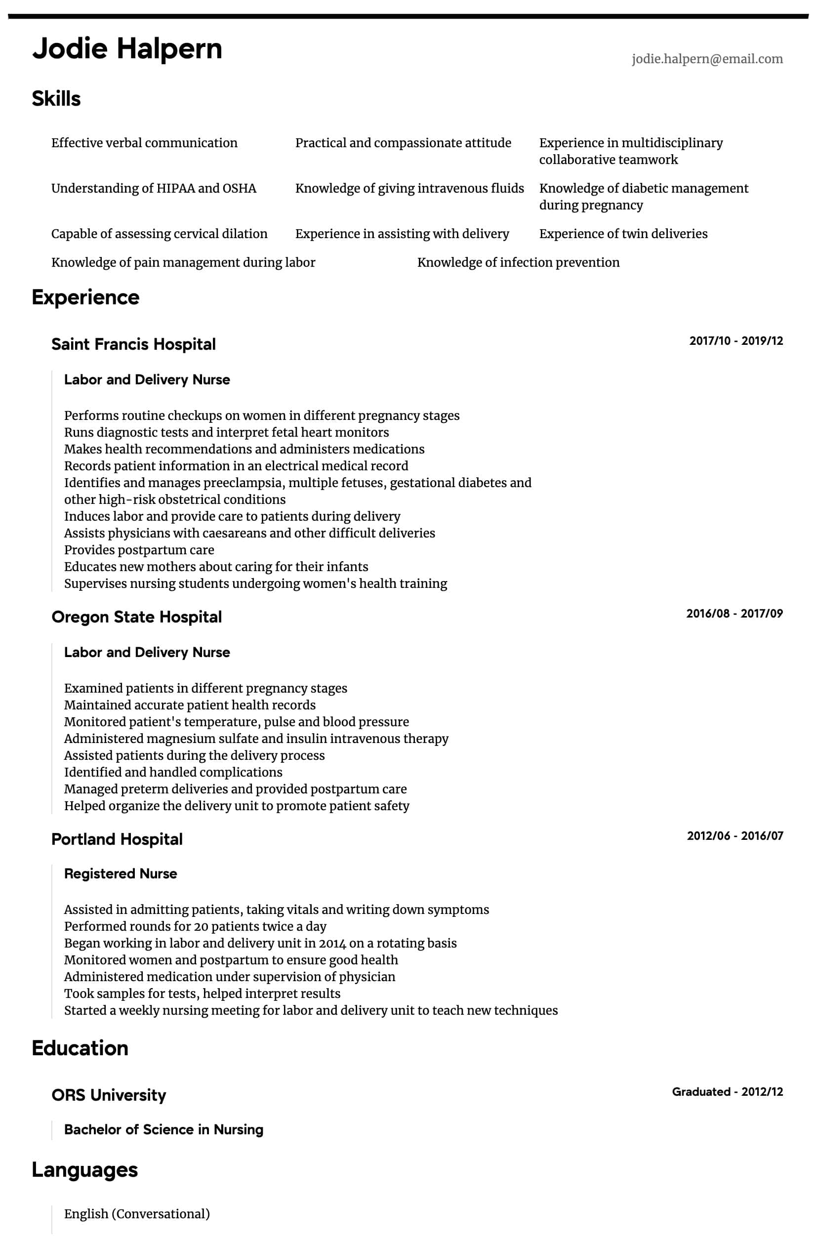 Labor And Delivery Nurse Resume Samples All Experience with sizing 1650 X 2514