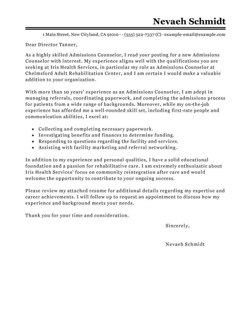 Leading Professional Admissions Counselor Cover Letter intended for measurements 800 X 1035