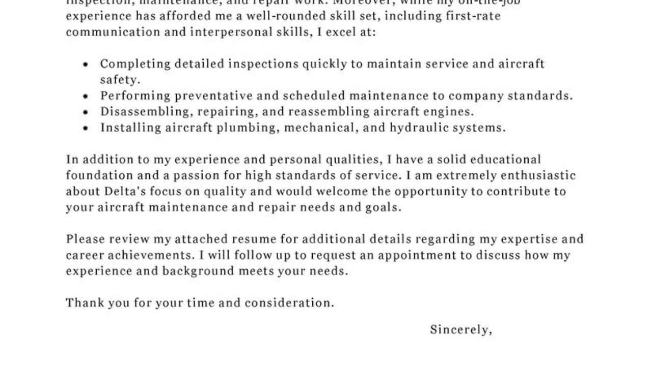 Leading Professional Aircraft Mechanic Cover Letter Examples for sizing 1280 X 720
