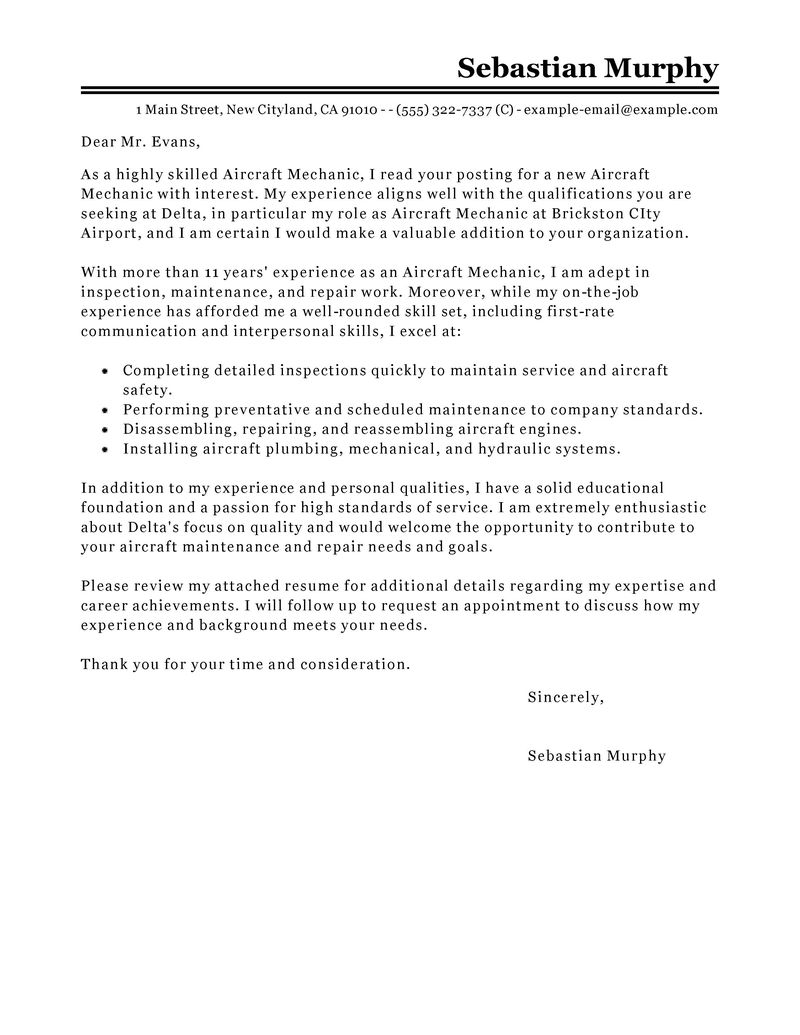 Leading Professional Aircraft Mechanic Cover Letter Examples in dimensions 800 X 1035