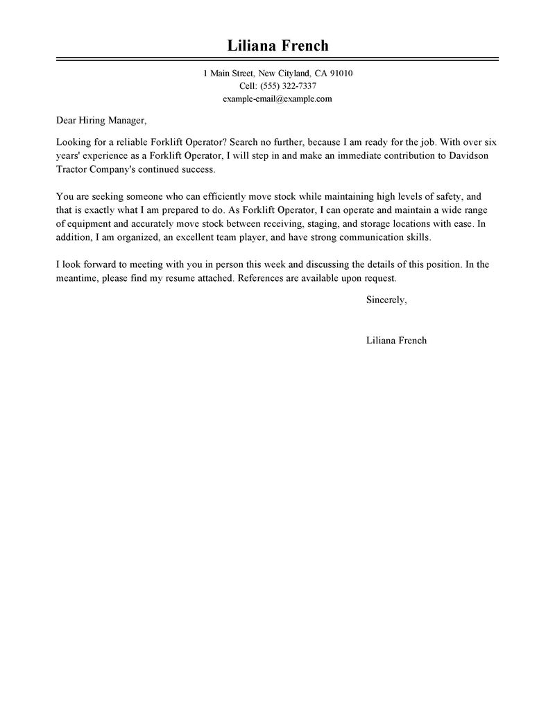 Leading Professional Forklift Operator Cover Letter Examples inside proportions 800 X 1035