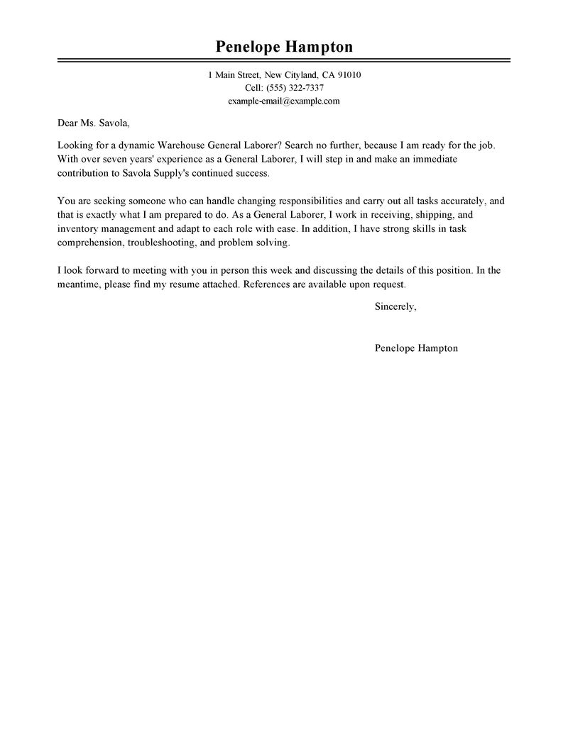 Leading Professional General Labor Cover Letter Examples intended for size 800 X 1035