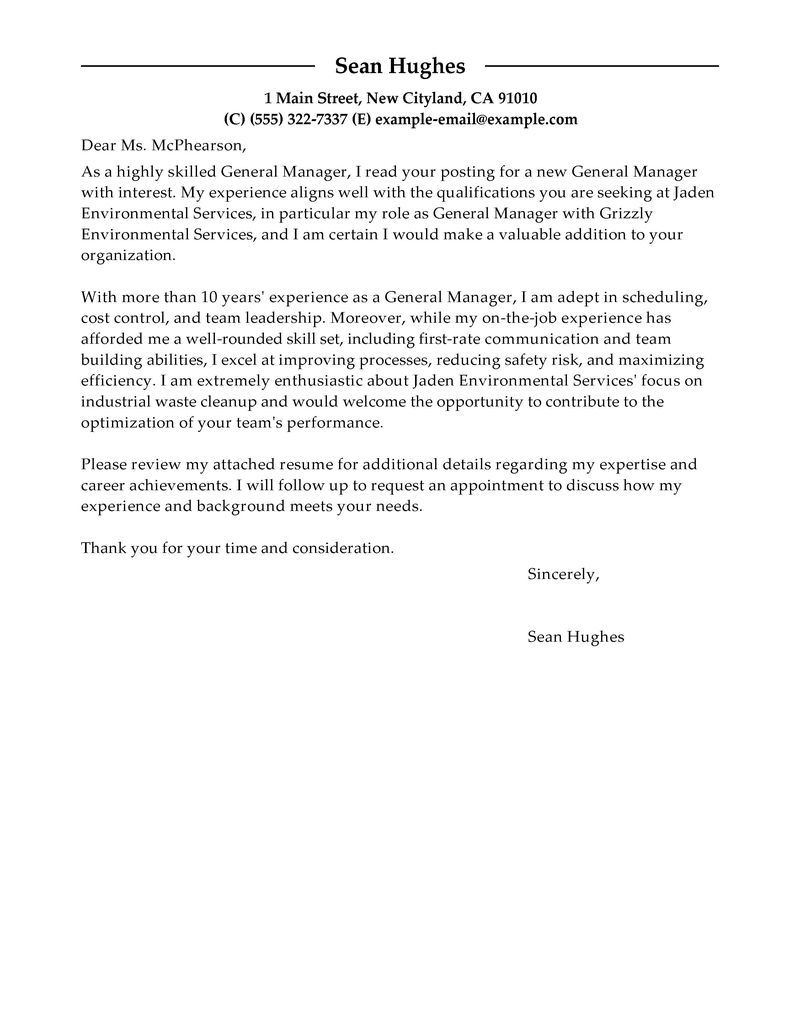 Leading Professional General Manager Cover Letter Examples with sizing 800 X 1035