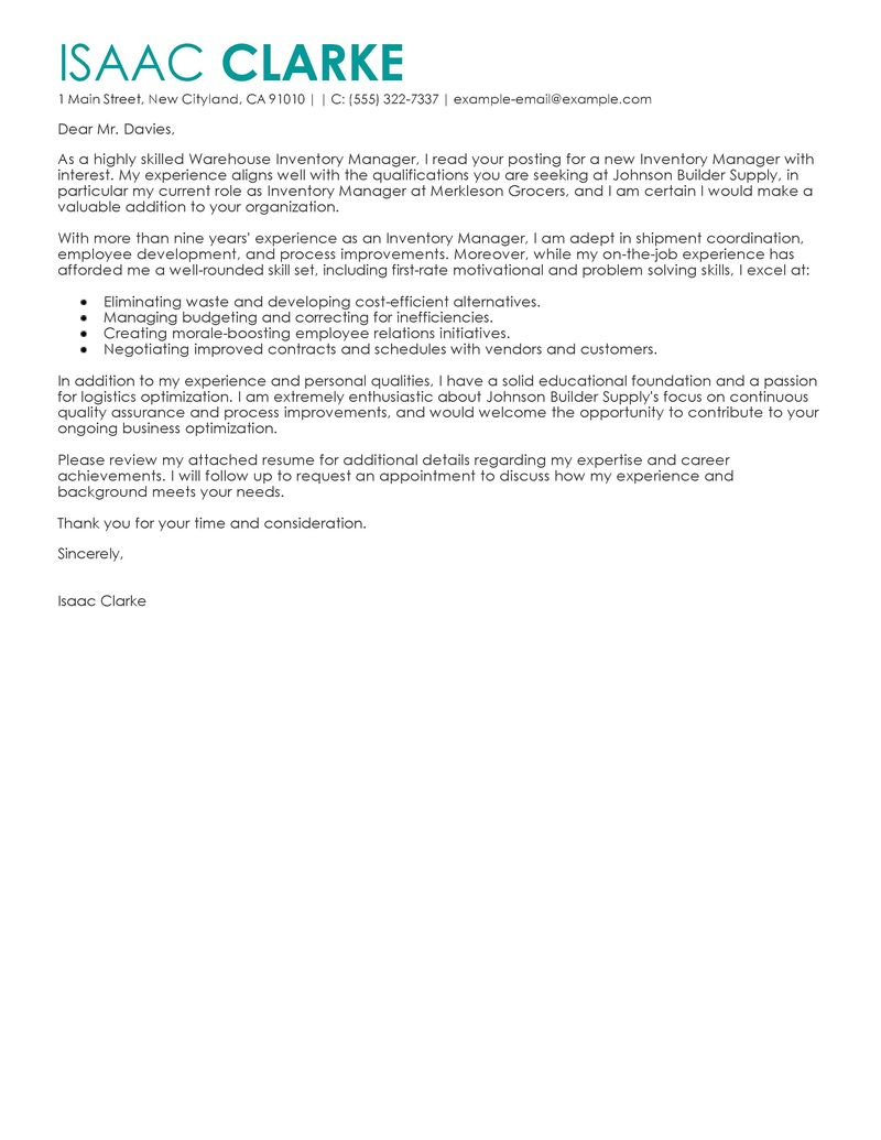 Leading Professional Inventory Manager Cover Letter Examples intended for size 800 X 1035