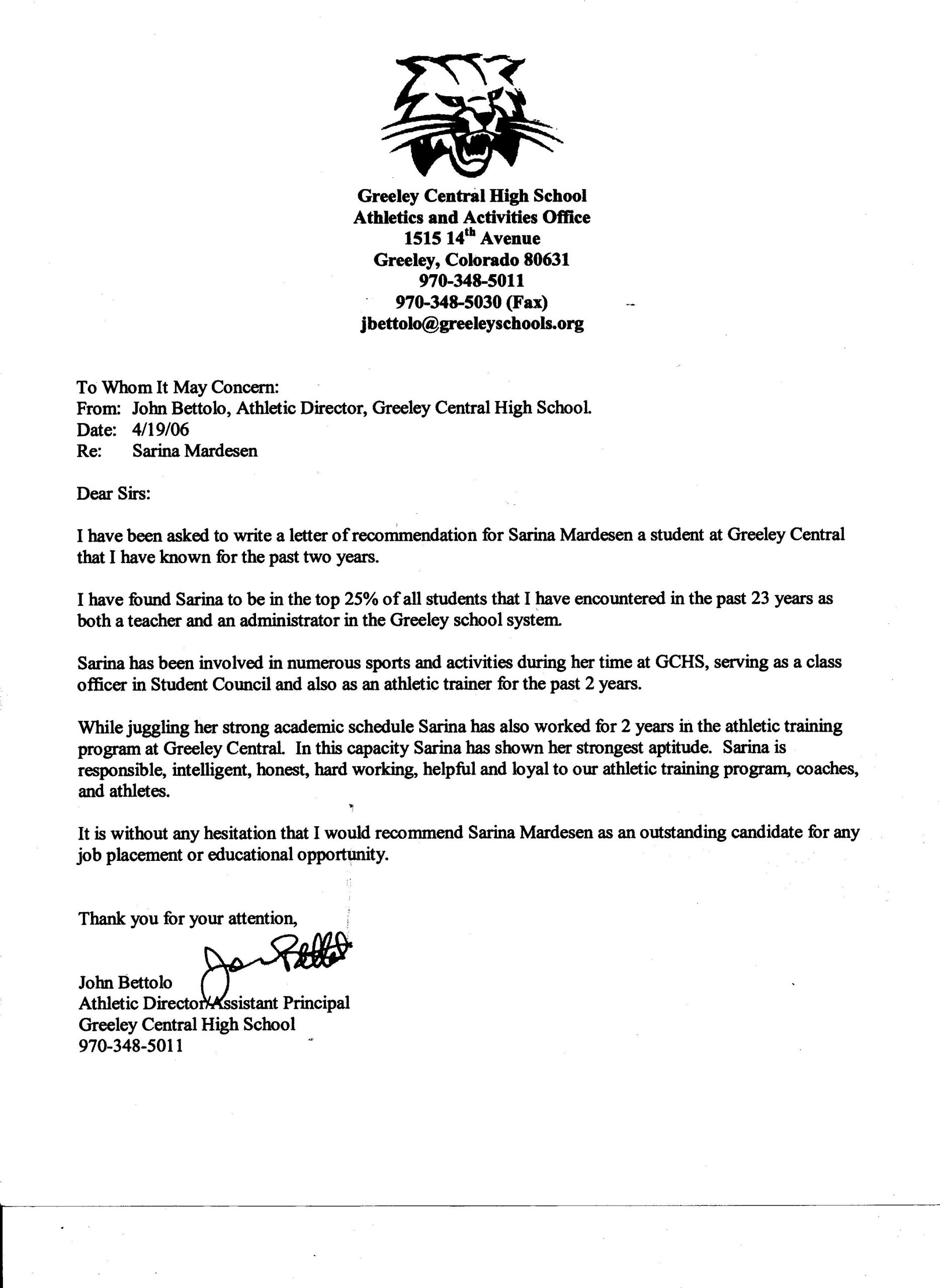 Example Letter Of Recommendation For Athletic Training Program