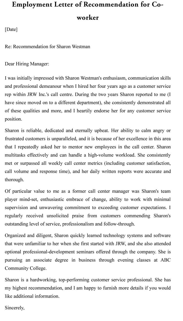 Letter Of Recommendation For Co Worker 18 Sample Letters in sizing 750 X 1314