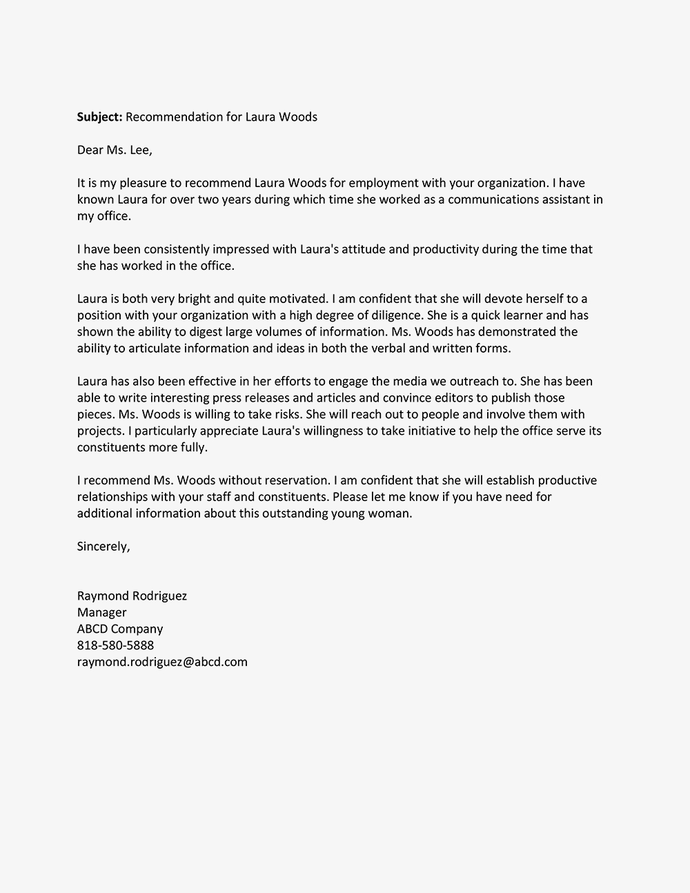 Letter Of Recommendation Template For Former Employee