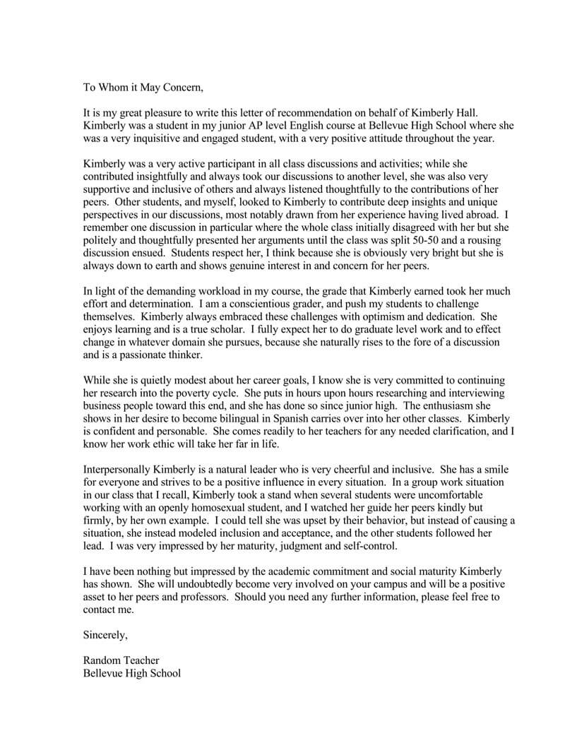 Letter Of Recommendation For High School Student Going To regarding dimensions 800 X 1035