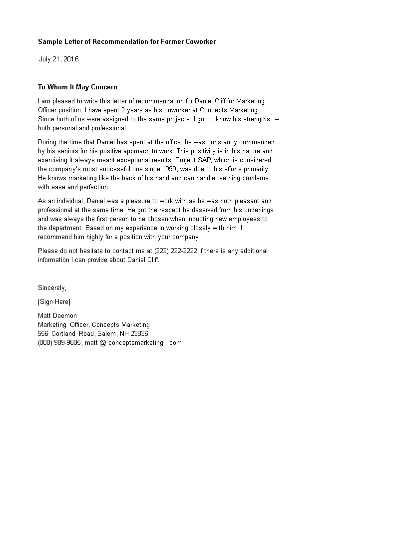 Letter Of Recommendation For Marketing Professional Enom with sizing 793 X 1122