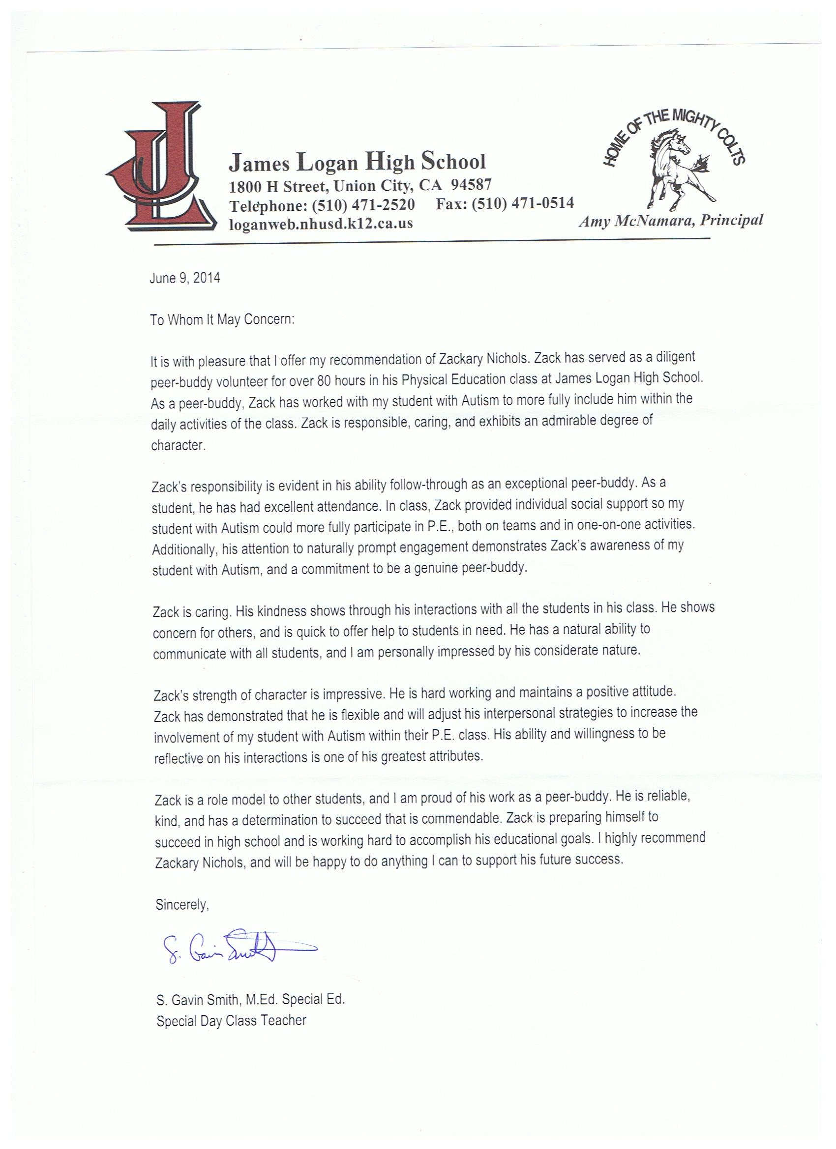 letter of recommendation physical education teacher
