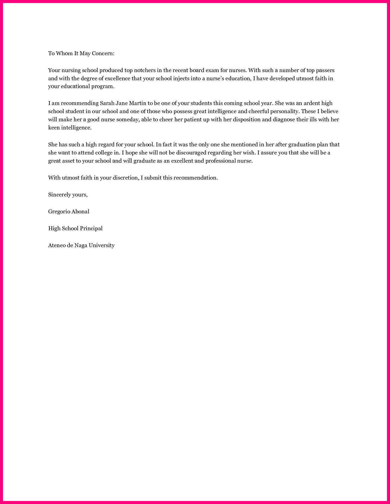 Letter Of Recommendation For School Nurse Debandje throughout sizing 1295 X 1670