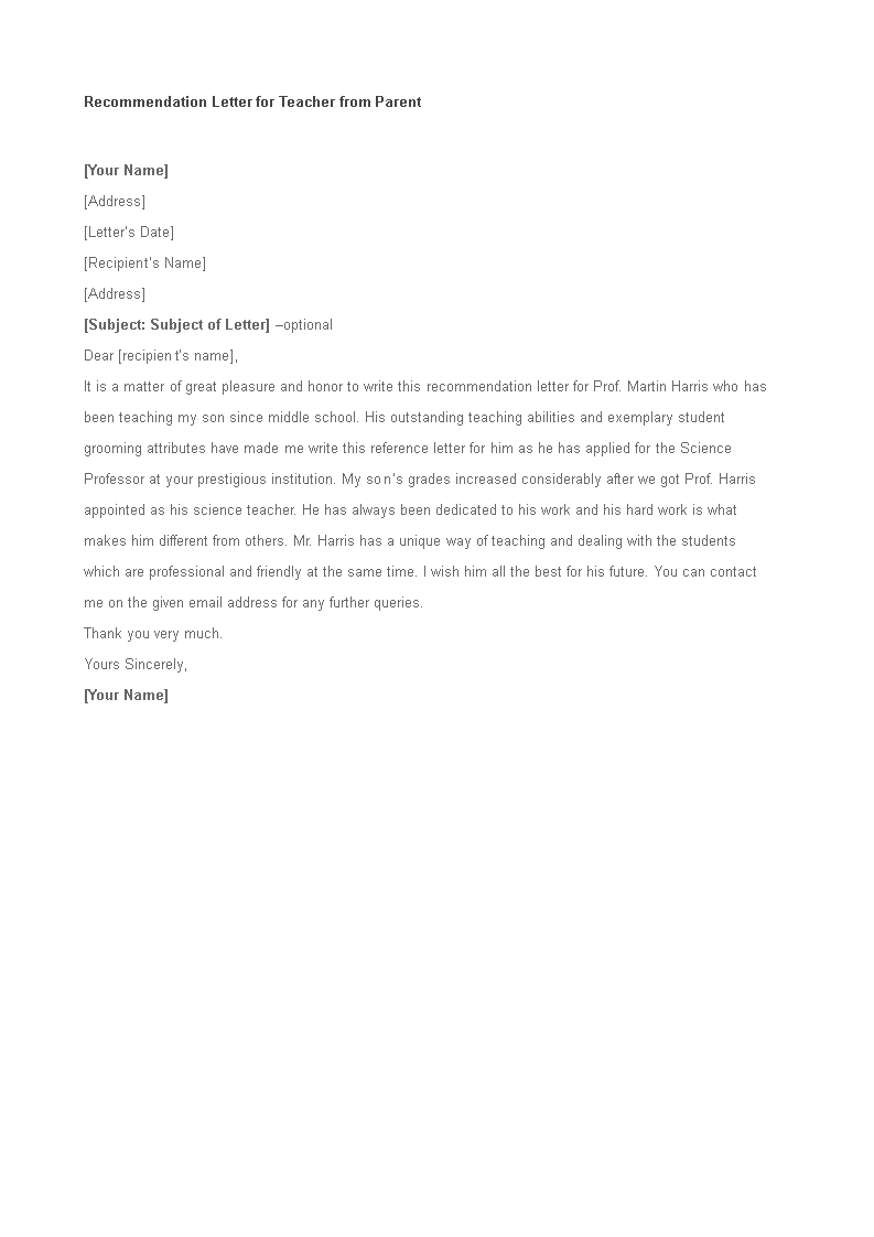 Letter Of Recommendation For Teacher From Parent Templates for size 793 X 1122