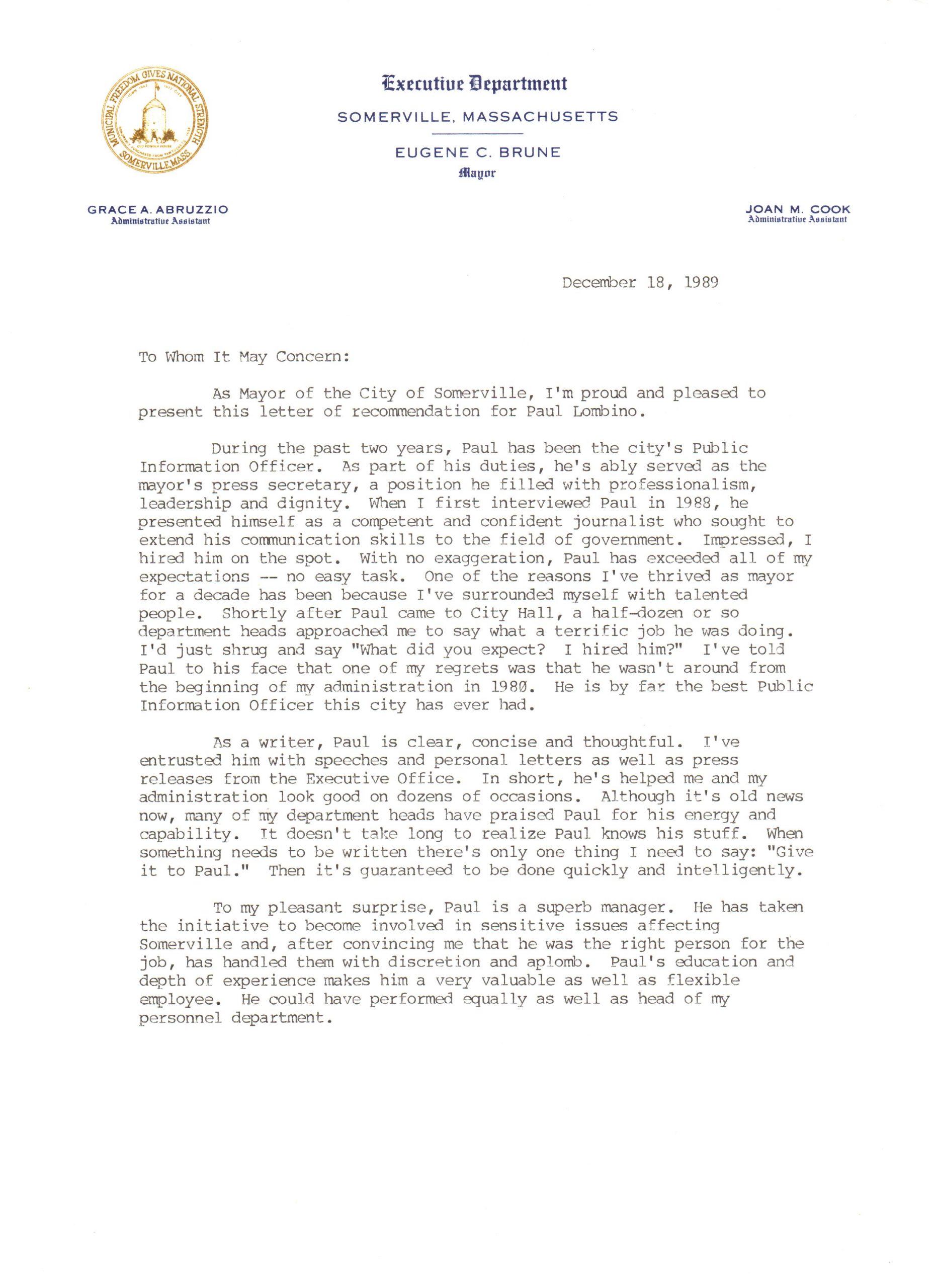 Letter Of Recommendation From Mayor Eugene C Brune intended for measurements 2552 X 3510