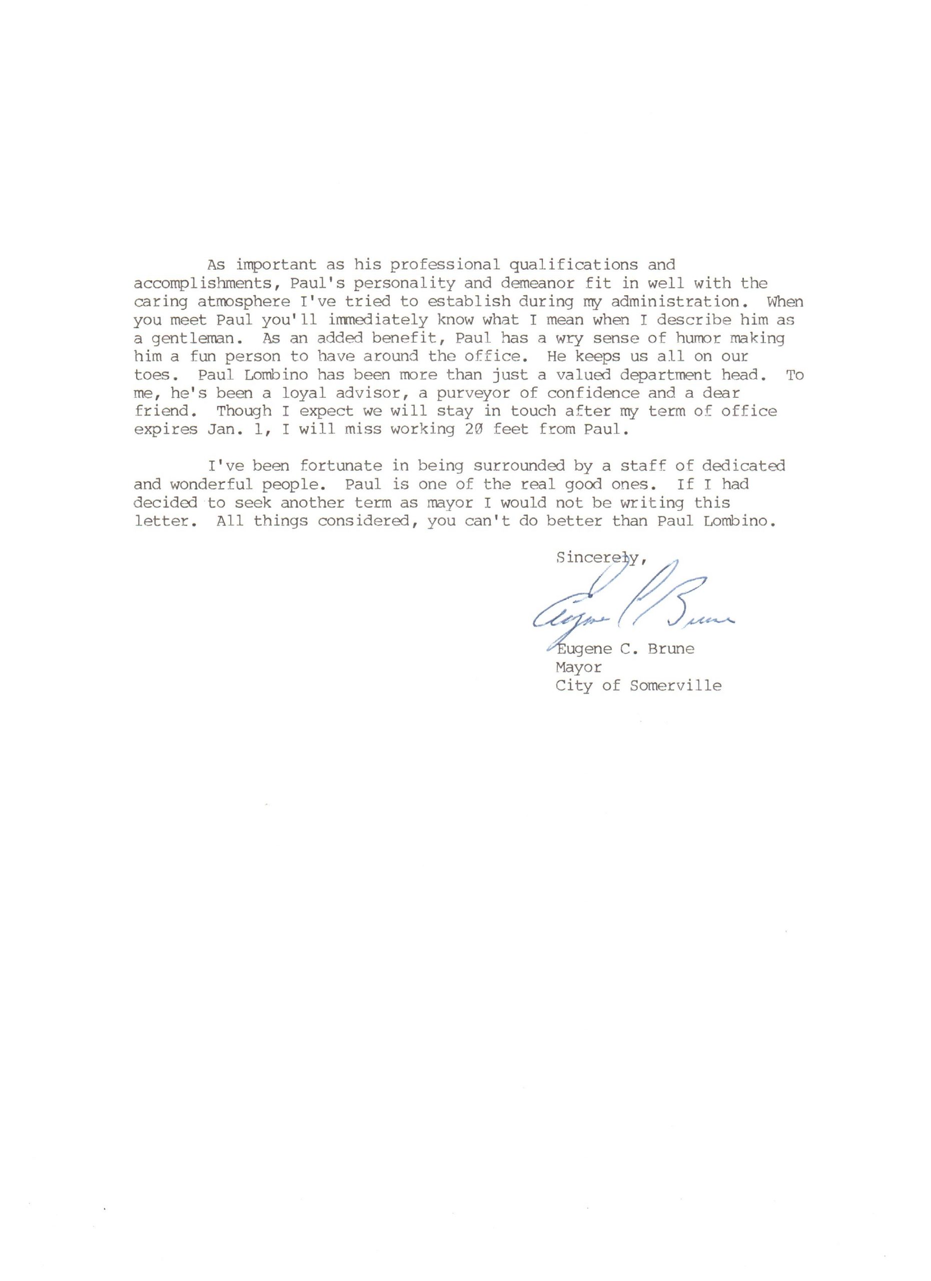 Letter Of Recommendation From Mayor Eugene C Brune pertaining to size 2552 X 3510