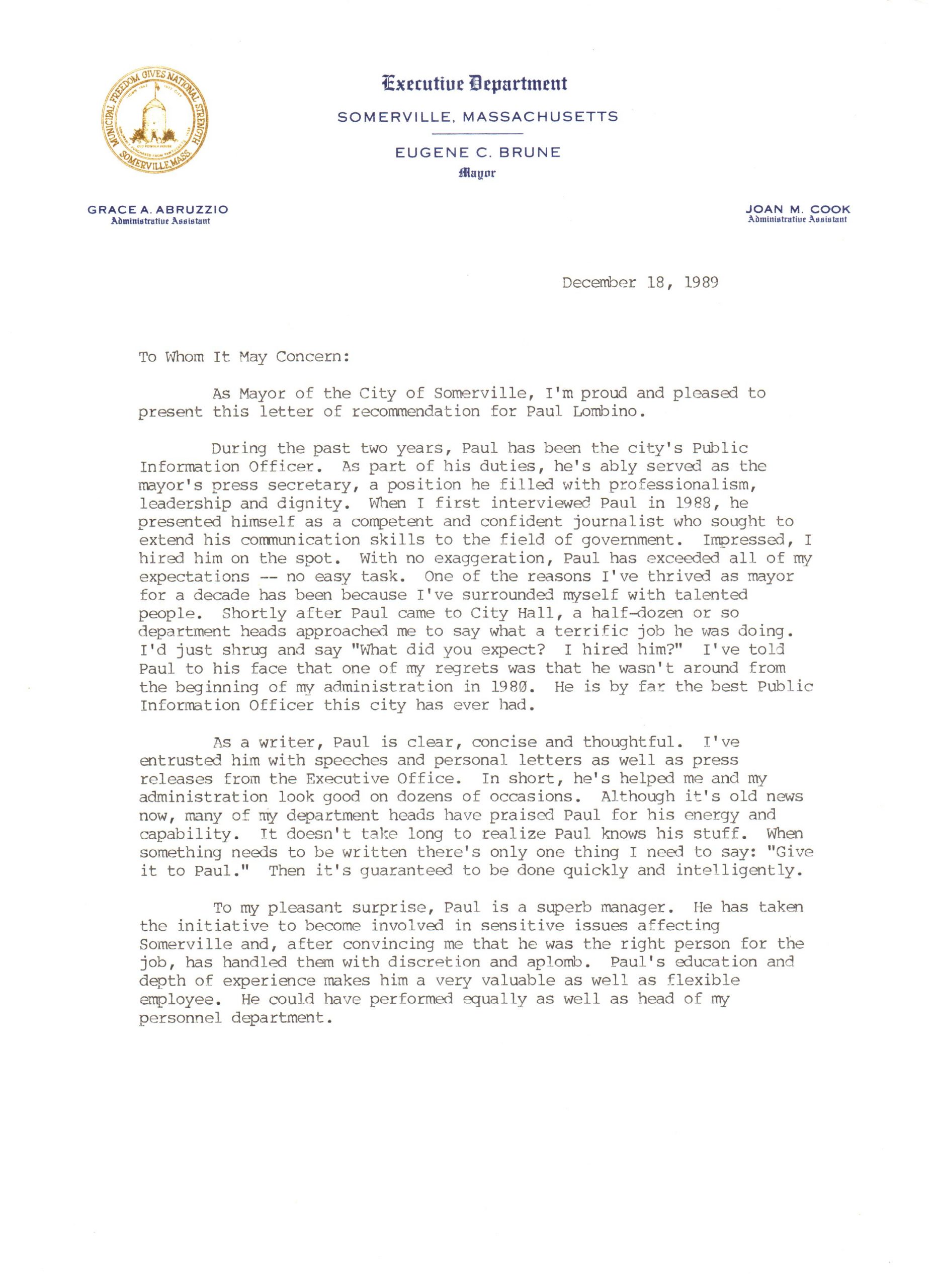 Letter Of Recommendation From Mayor Eugene C Brune throughout dimensions 2552 X 3510