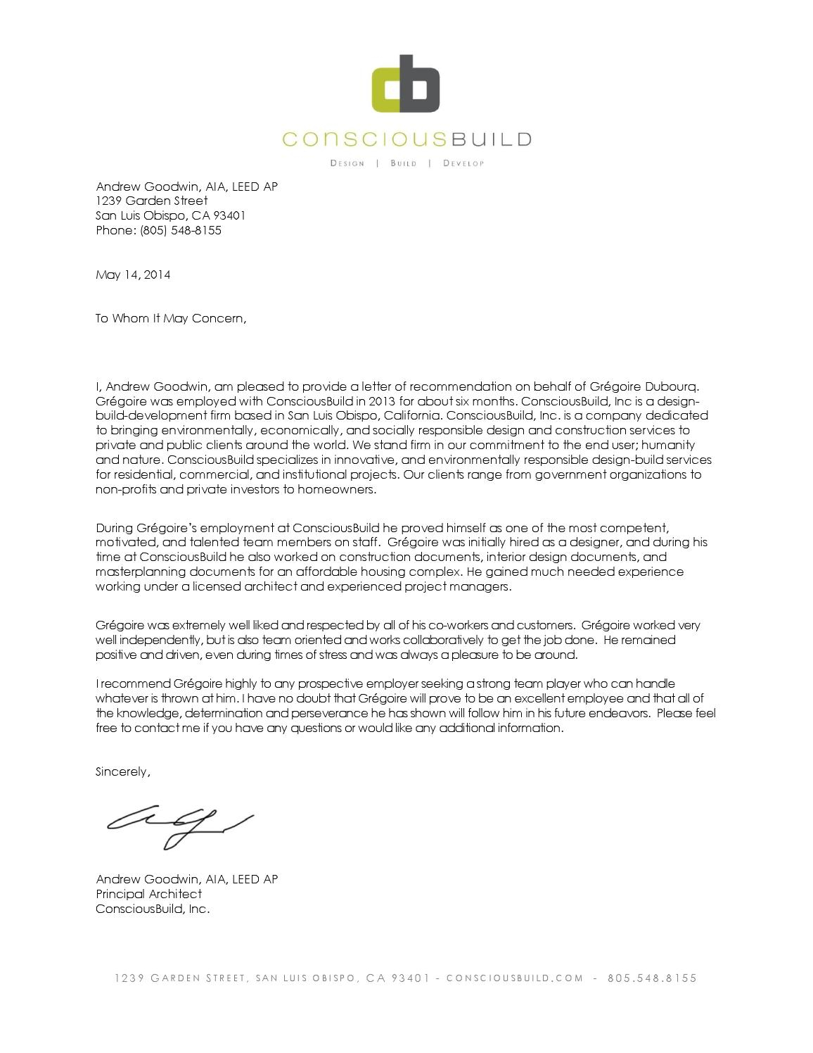 Letter Of Recommendation Intern Architect Gregoire for dimensions 1156 X 1496