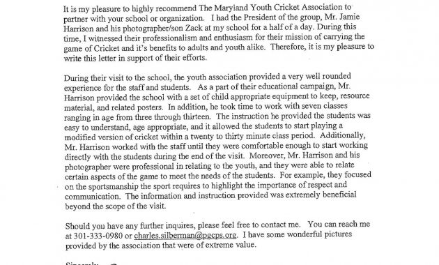 Letter Of Recommendation Maryland Youth Cricket for measurements 1279 X 1651