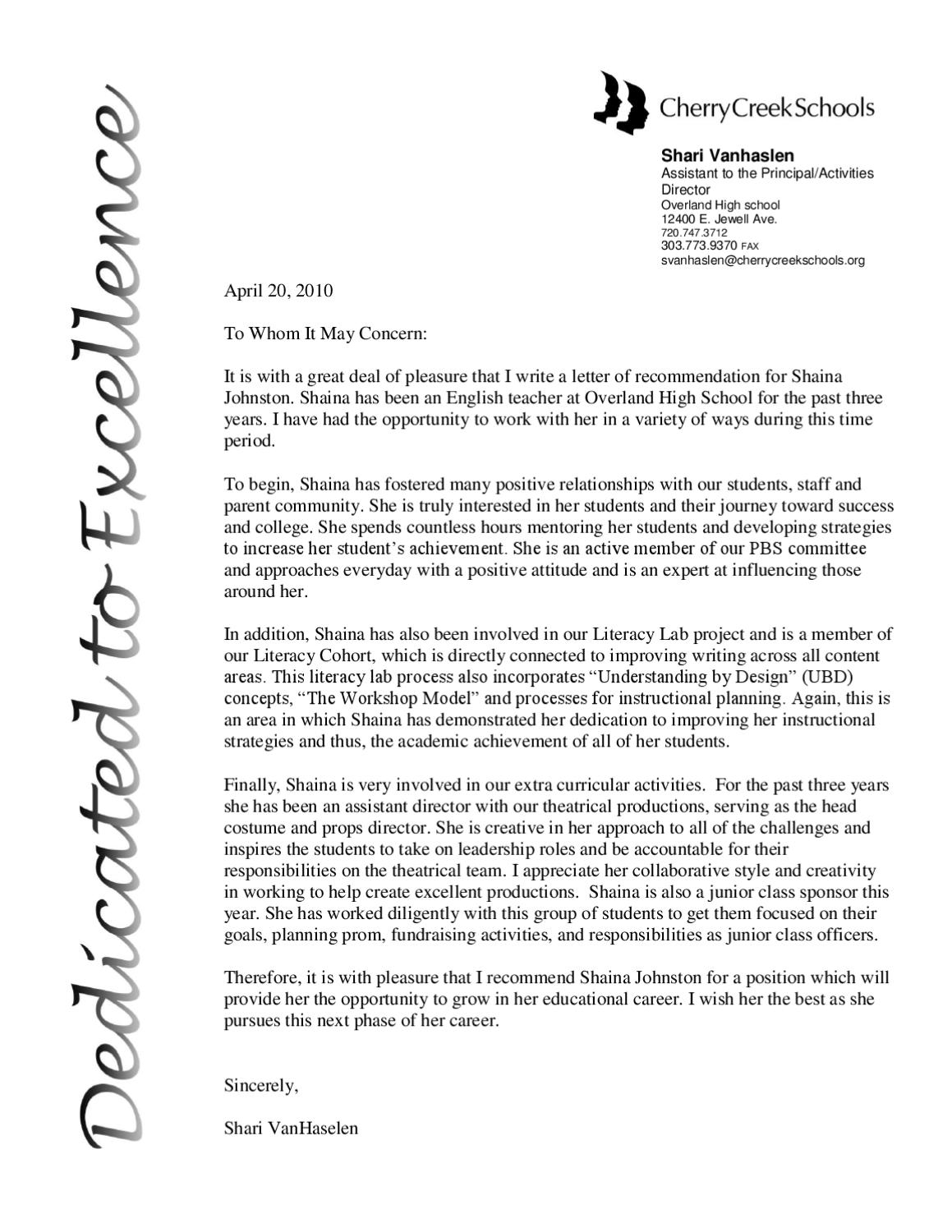 Letter Of Recommendation Principal Enom with regard to size 1159 X 1500