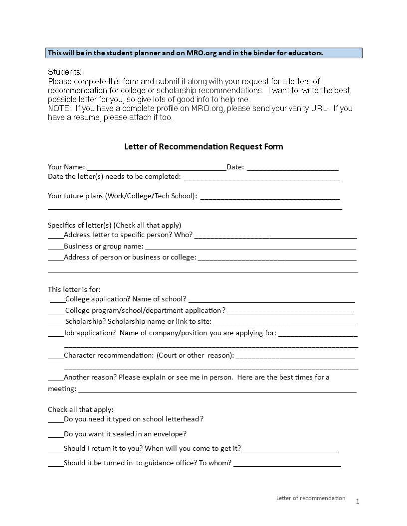 Letter Of Recommendation Request Form School Templates for dimensions 816 X 1056