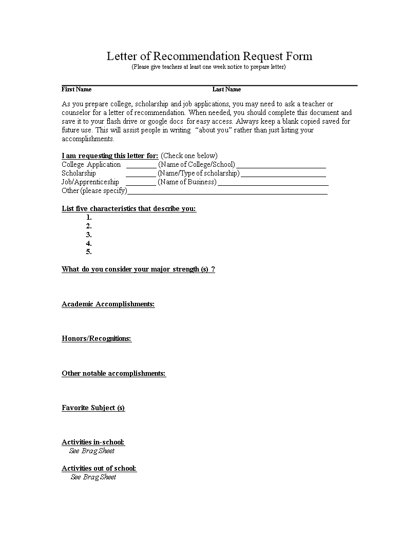 Letter Of Recommendation Request Form Templates At throughout size 816 X 1056