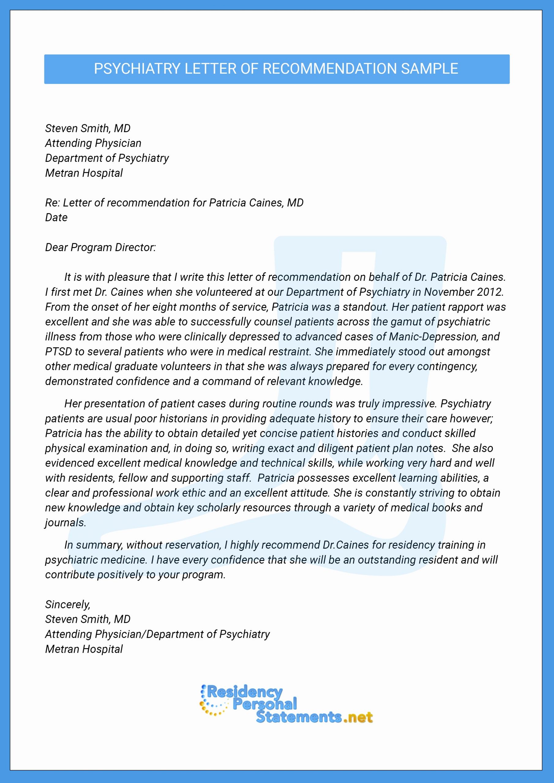 Sample Letter Of Recommendation For Psychiatry Residency Invitation 