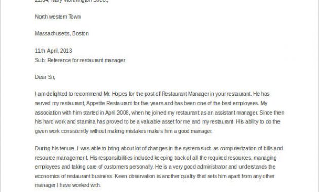 Letter Of Recommendation Restaurant Manager Akali pertaining to measurements 600 X 730