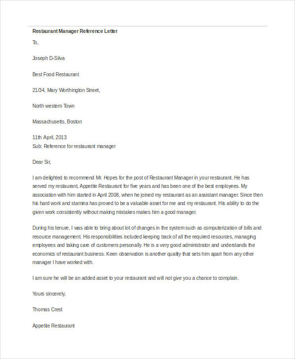 Letter Of Recommendation Restaurant Manager Akali pertaining to measurements 600 X 730