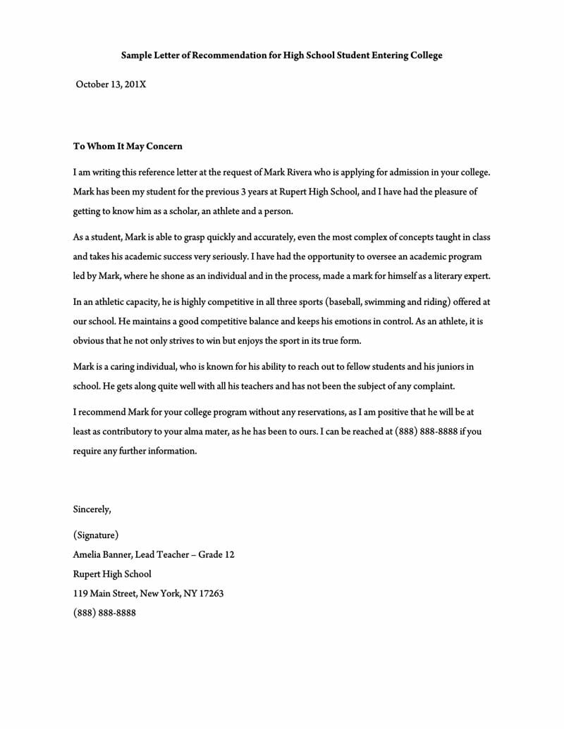 Letter Of Recommendation Template For Student From Teacher inside proportions 800 X 1035