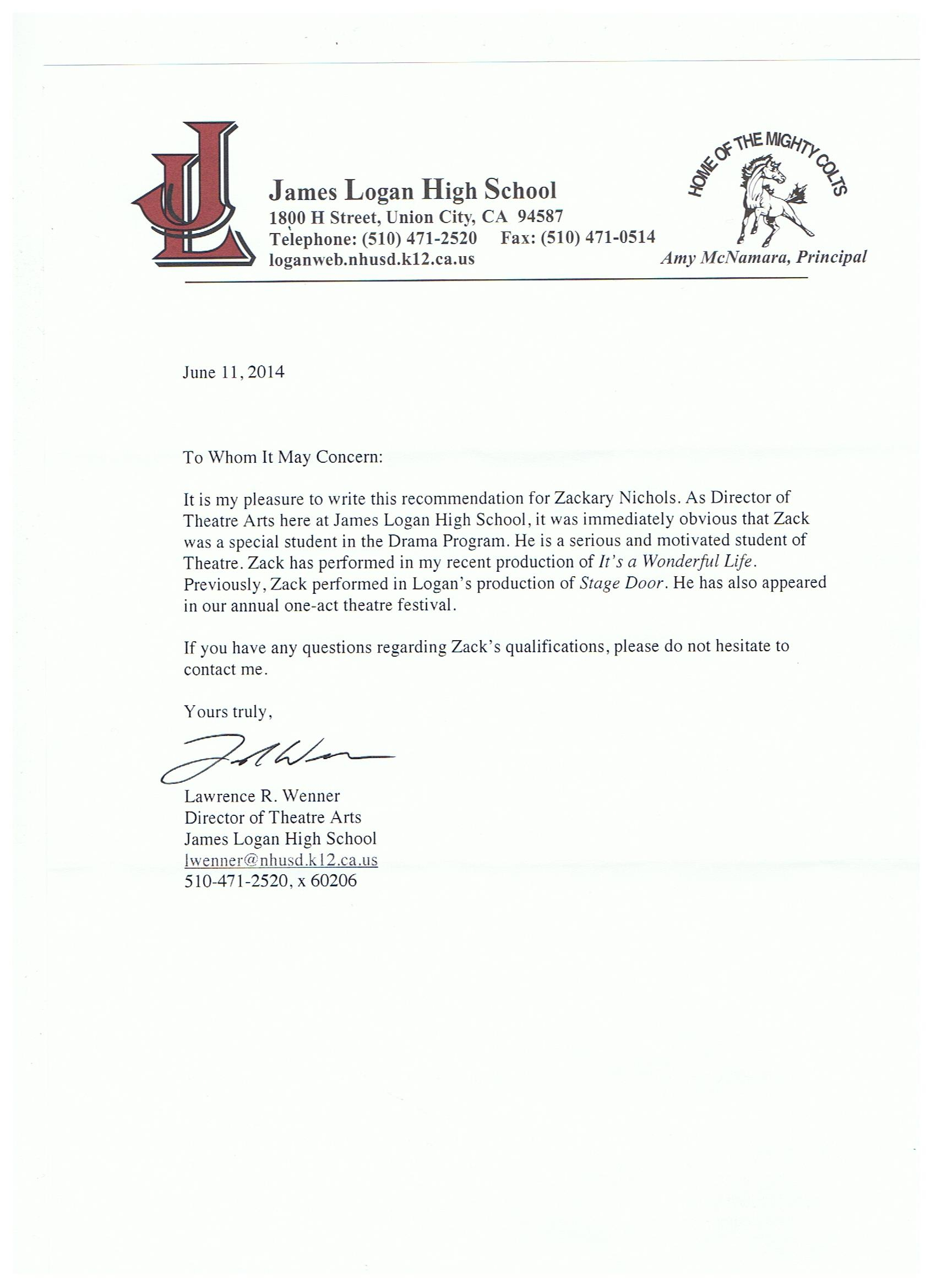 Letter Of Recommendation Theatre Teacher Lawrence Wenner intended for measurements 1700 X 2338