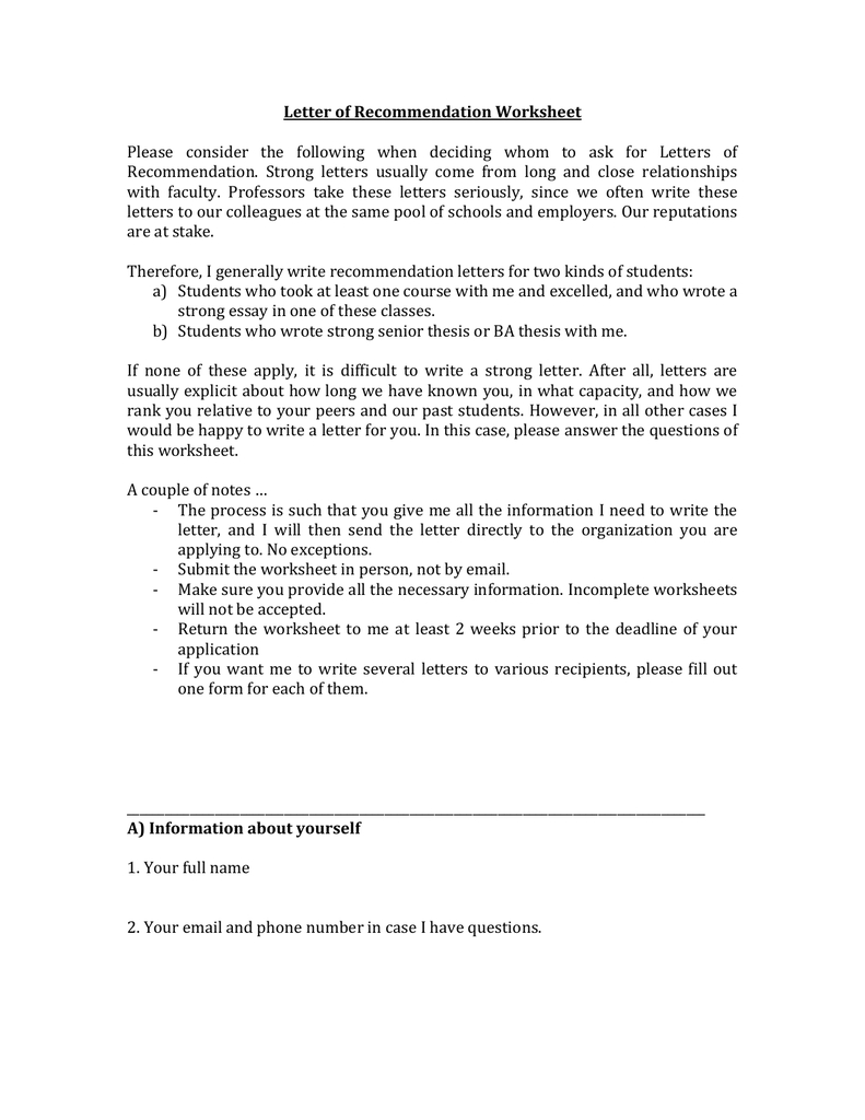 Letter Of Recommendation Worksheet inside dimensions 791 X 1024