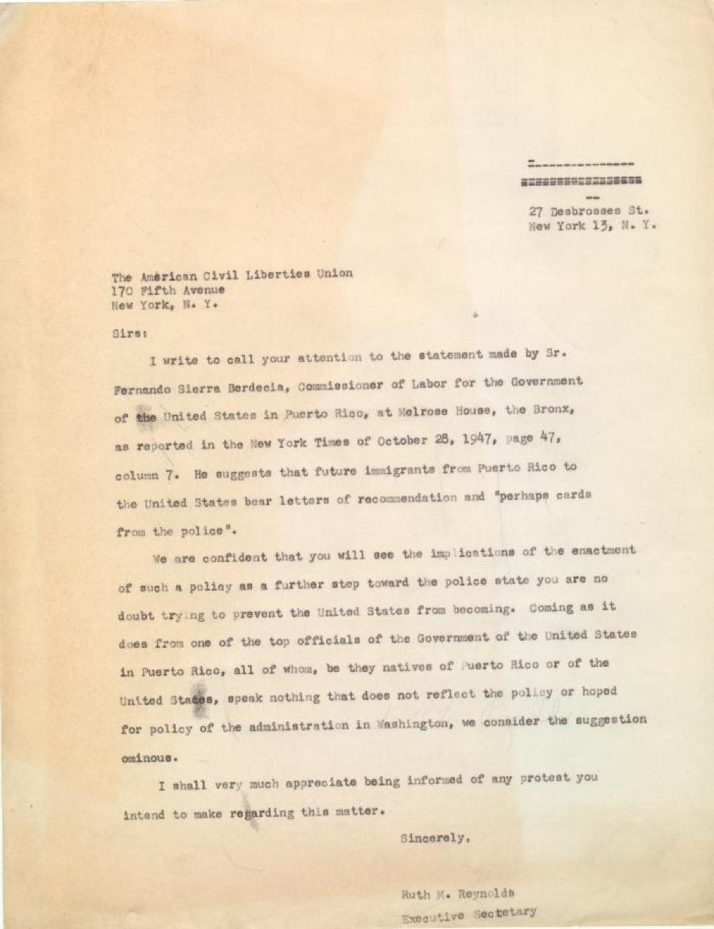 Letter To American Civil Liberties Union Aclu About Puerto in dimensions 1000 X 1301