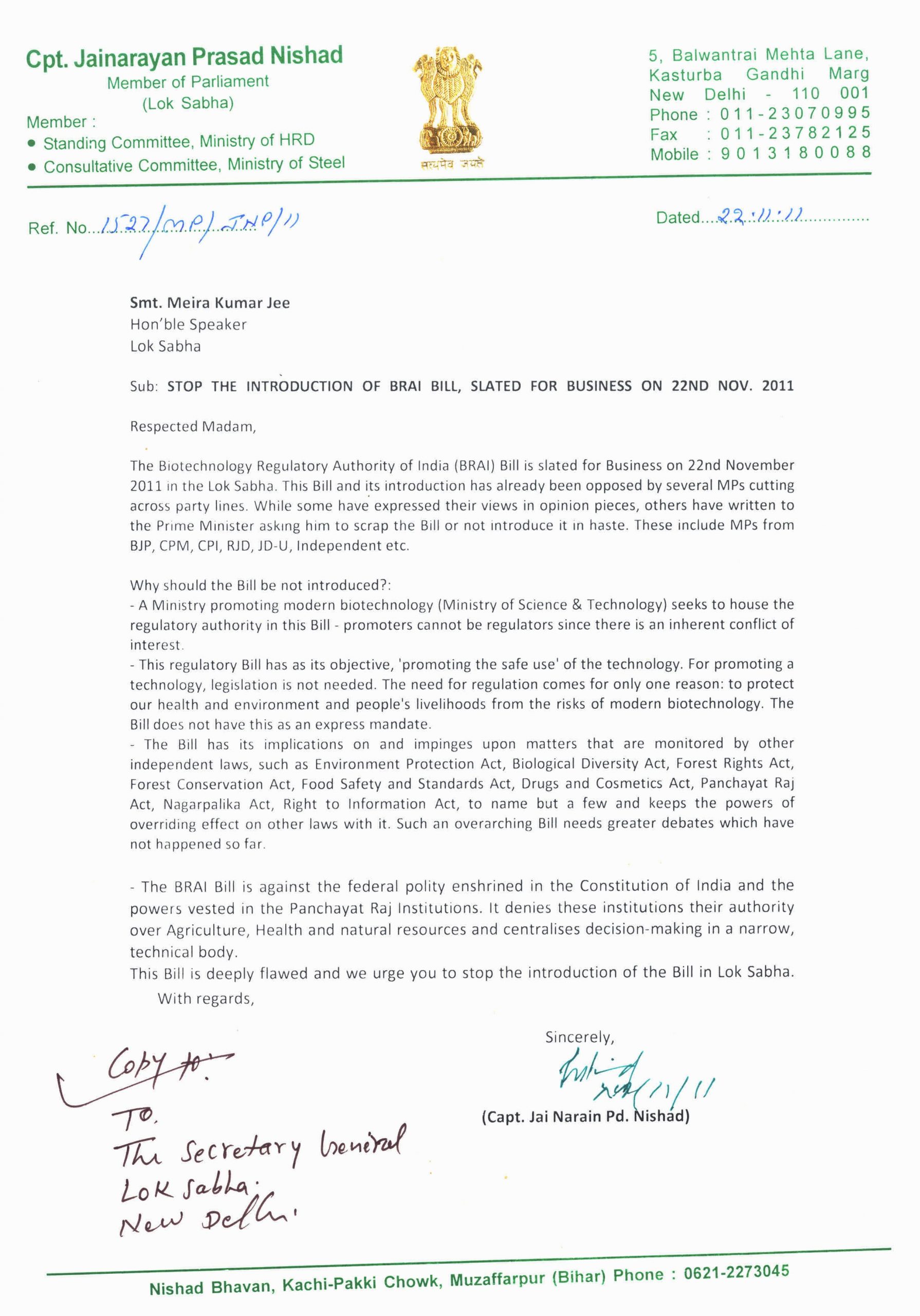 Letter To Drmanmohan Singh Pm On Biotechnology Bill Law pertaining to size 2442 X 3492