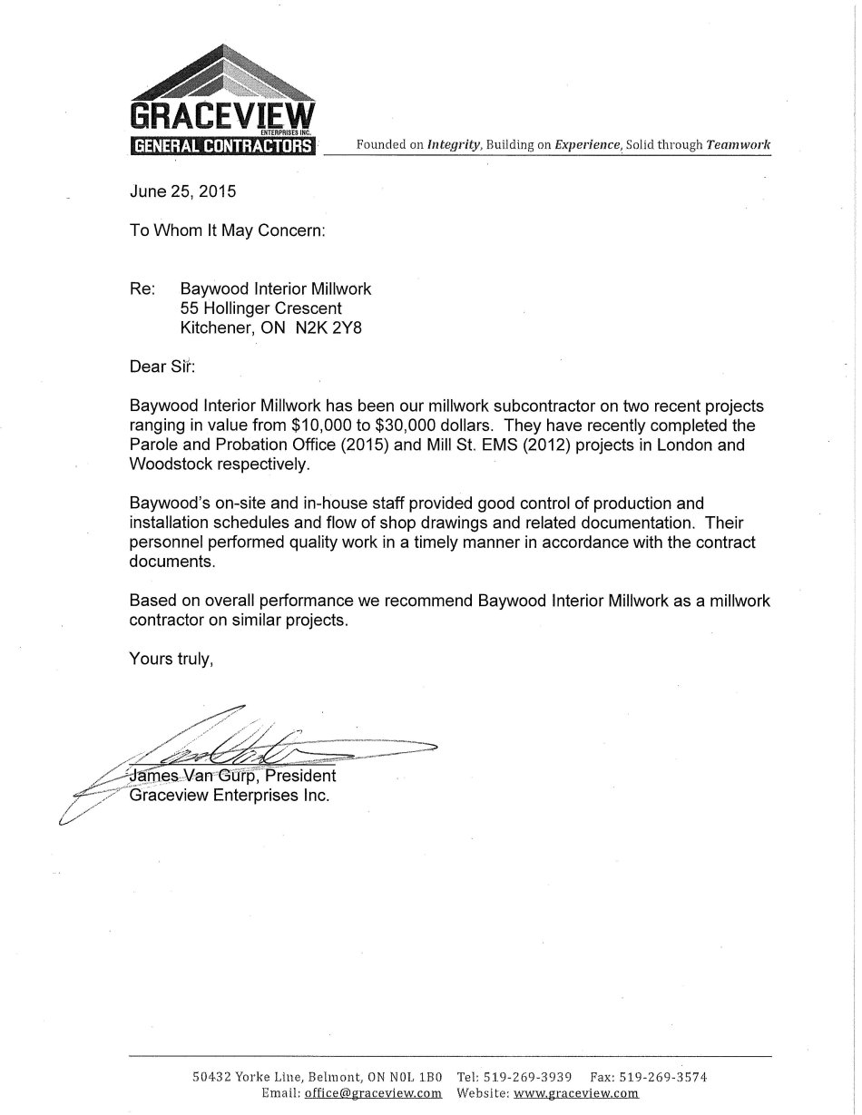 Letters Of Recommendation Baywood Interior Millwork pertaining to sizing 950 X 1229