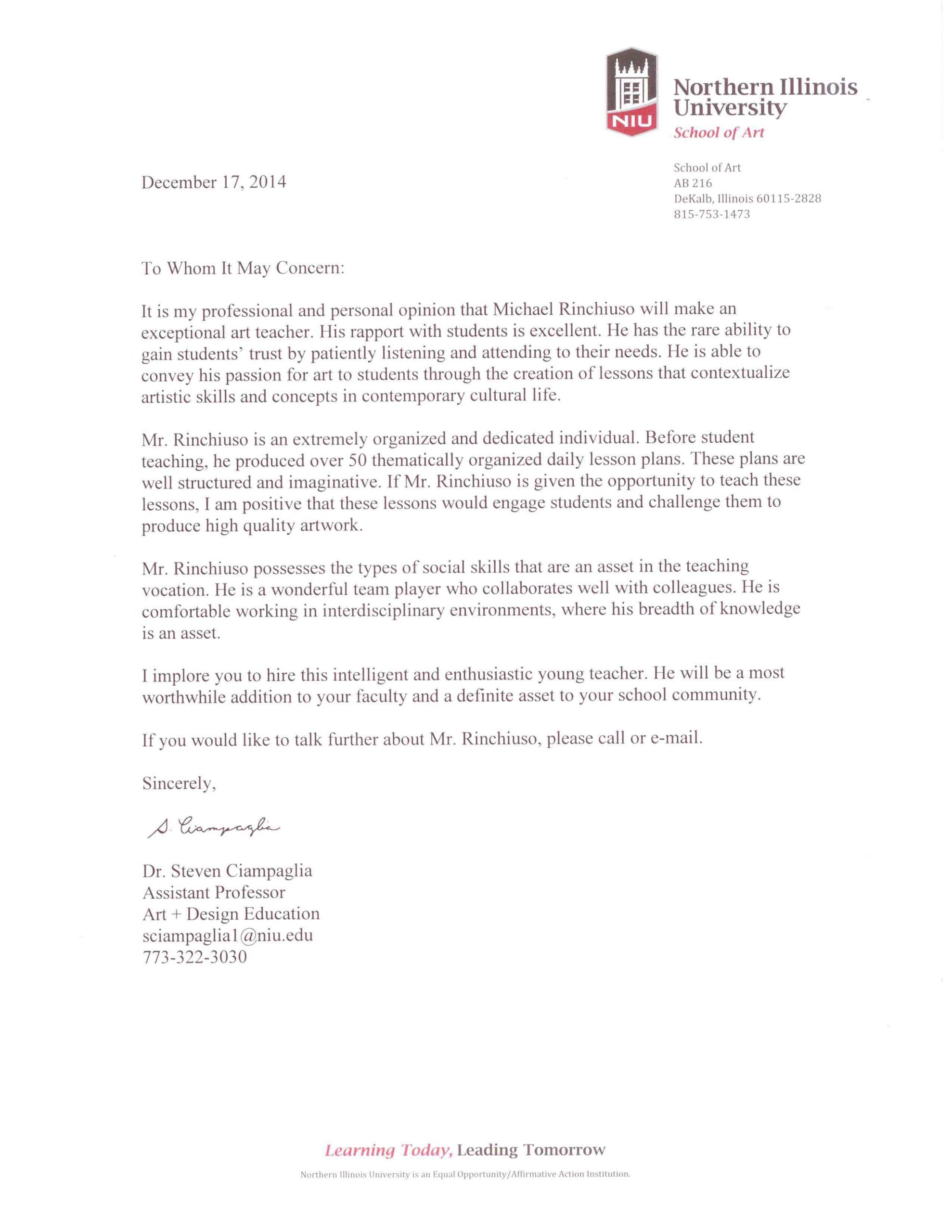 Letters Of Recommendation Michael Ross Rinchiuso pertaining to dimensions 2550 X 3300