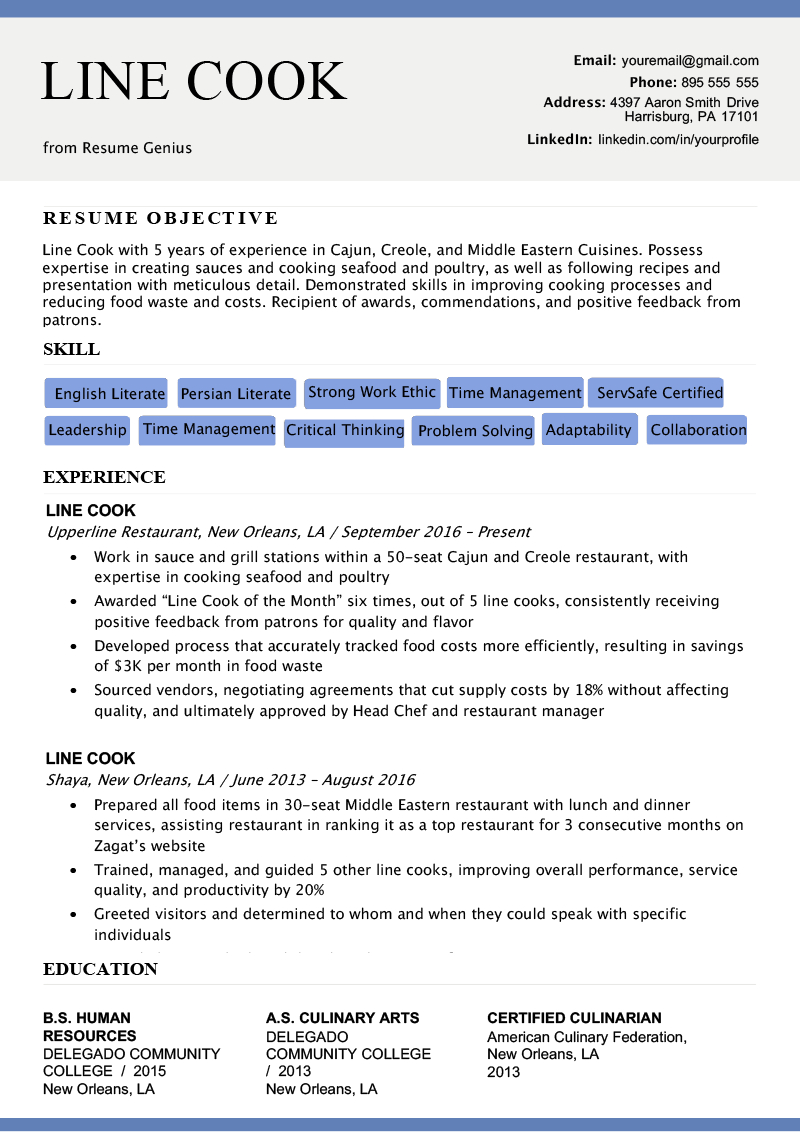 Line Cook Resume Sample Writing Tips Resume Genius inside proportions 800 X 1132