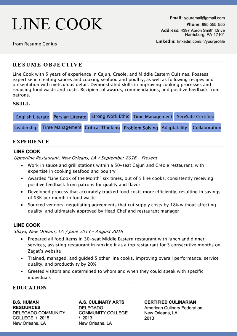 Line Cook Resume Sample Writing Tips Resume Genius intended for sizing 800 X 1132