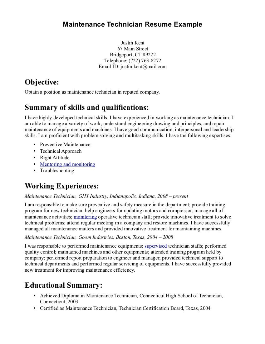 Maintenance Technician Resume Resume Resume Examples intended for proportions 849 X 1099