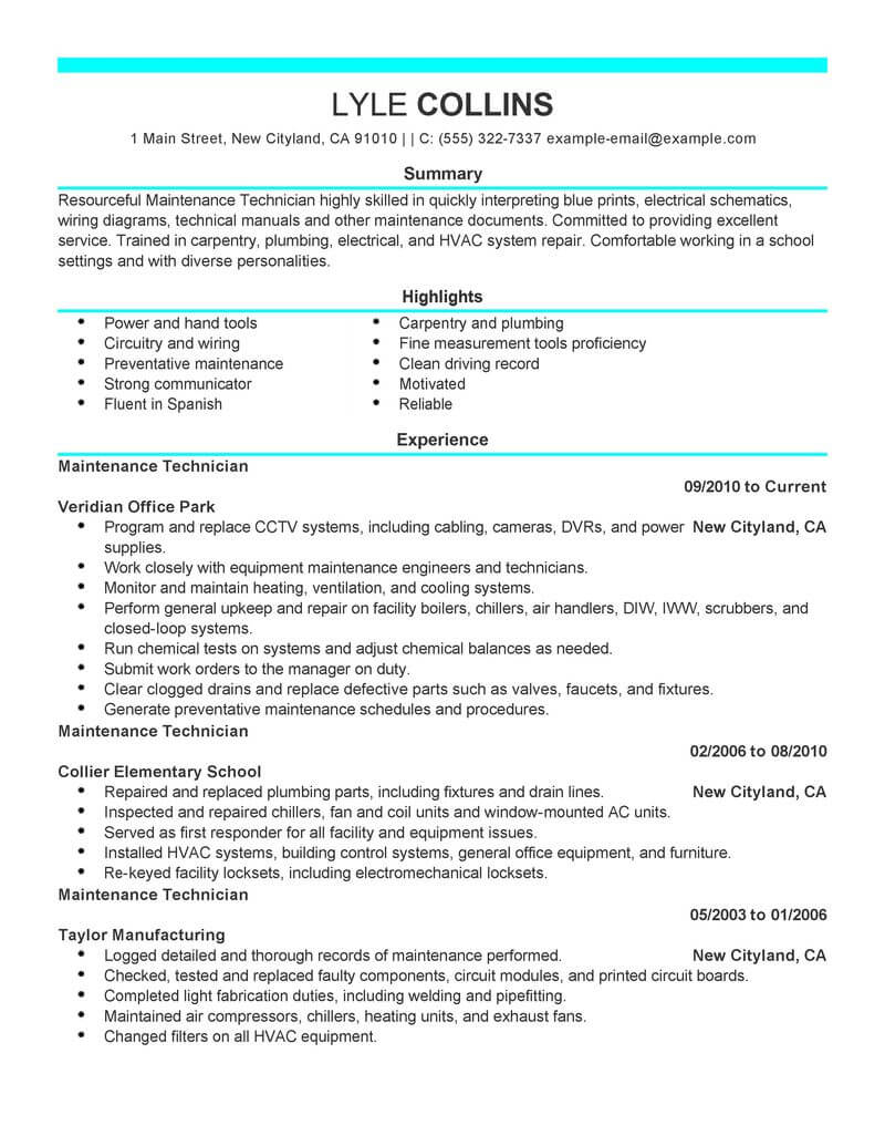 Maintenance Technician Resume Sample Technician Resumes intended for sizing 800 X 1035