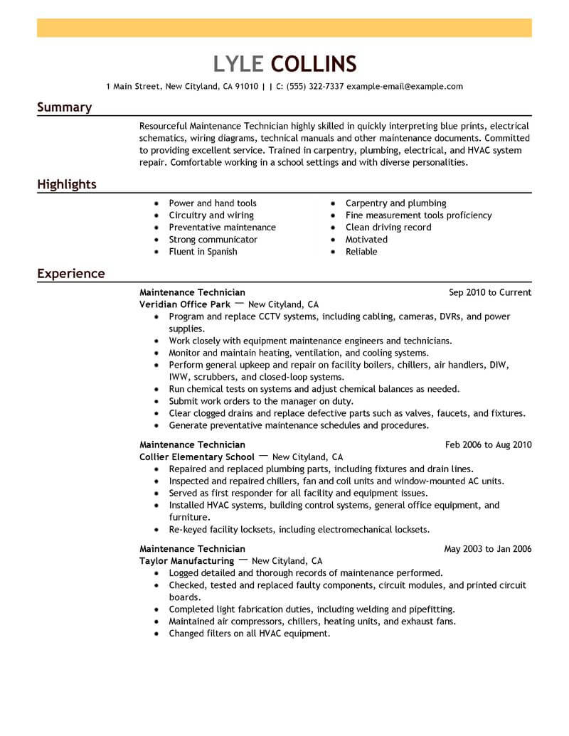 Maintenance Technician Resume Sample Technician Resumes with regard to dimensions 800 X 1035