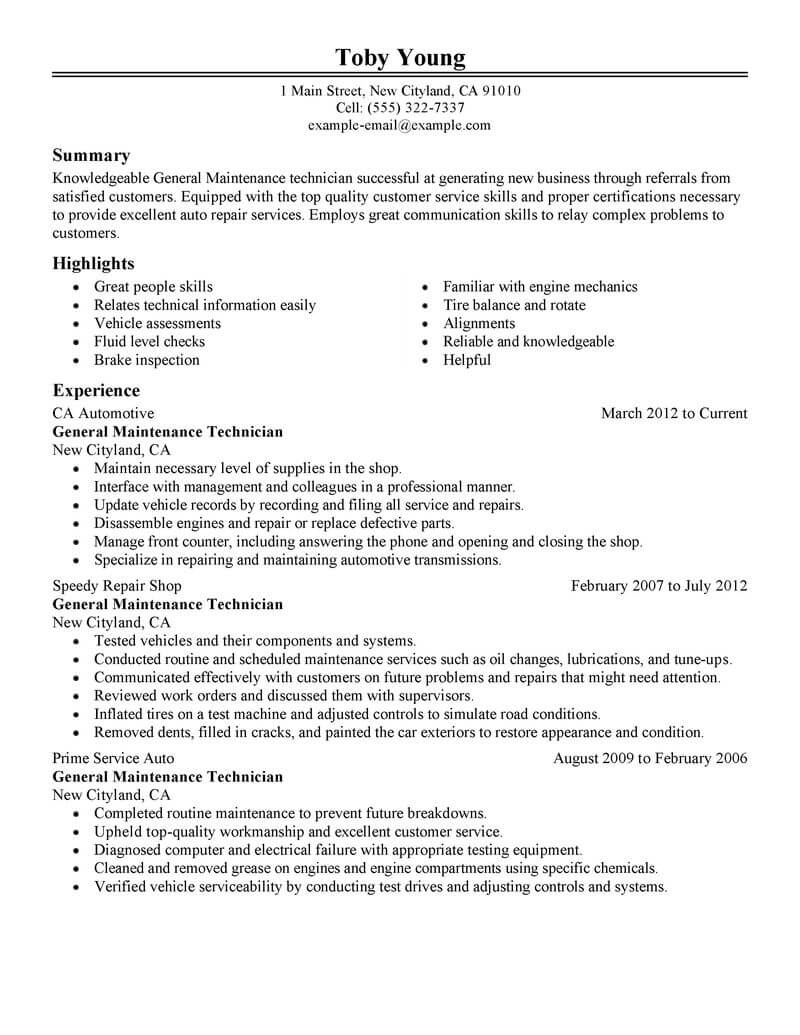 Maintenance Technician Resume Template For Microsoft Word with regard to measurements 800 X 1035