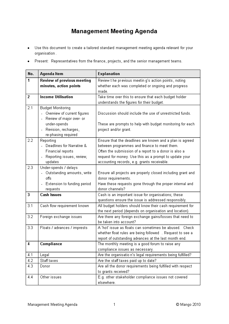 Management Meeting Agenda In Word Templates At intended for measurements 793 X 1122